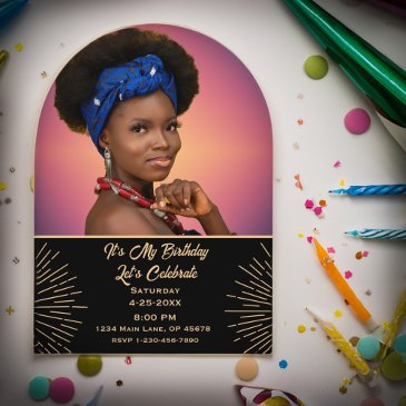 modern elegant birthday photo gold and black party acrylic invitations