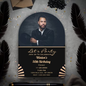 modern elegant birthday photo gold and black party acrylic invitations