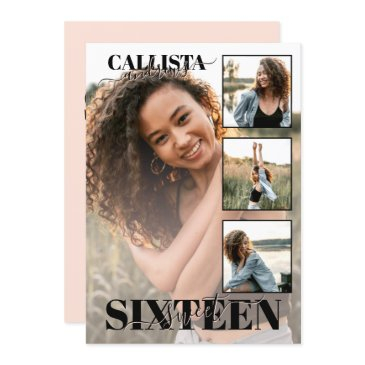 modern elegant black pink four photo sweet 16 invitation