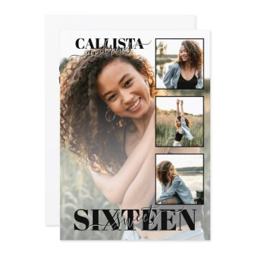 modern elegant black white four photo sweet 16 invitation