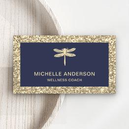 Small Modern Elegant Faux Cream Gold Glitter Dragonfly Business Invitations Front View