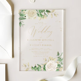 Small Modern Elegant Floral Greenery Wedding Acrylic Invitations Front View