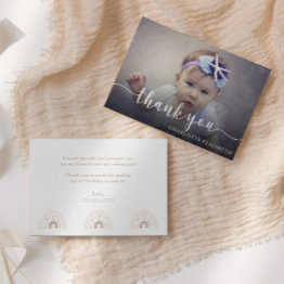 Small Modern Elegant Script First Birthday Photo Thank You Invitations Front View