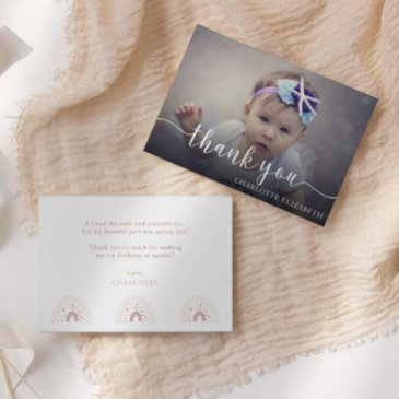 modern elegant script first birthday photo thank you invitations