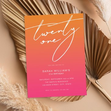 modern elegant script pink orange 21st birthday invitation