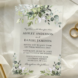 Small Modern Elegant Watercolor Greenery Wedding Acrylic Invitations Front View