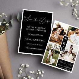 Small Modern Elegant White Black Four Photo Wedding Save The Date Front View