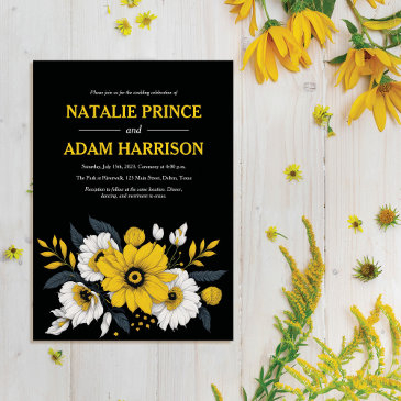 modern elegant yellow white floral bouquet wedding invitation
