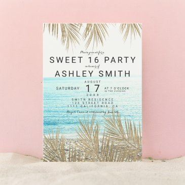 modern faux gold palm tree beach photo sweet 16 invitation
