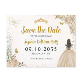 Small Modern Floral Light Gold Quinceanera Save The Date Postinvitations Front View