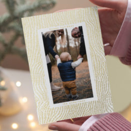 Small Modern Fun Gold White Happy Christmas Border Photo Foil Holiday Invitations Front View