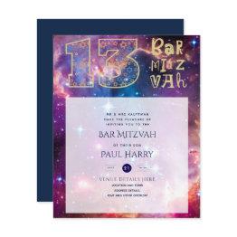 Small Modern Galaxy Blue Bar Mitzvah Invitations Front View