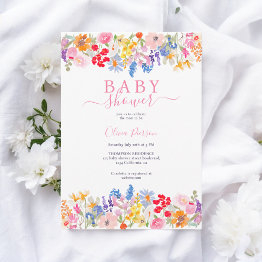 Small Modern Garden Wildflowers Script Baby Shower Invitation Front View