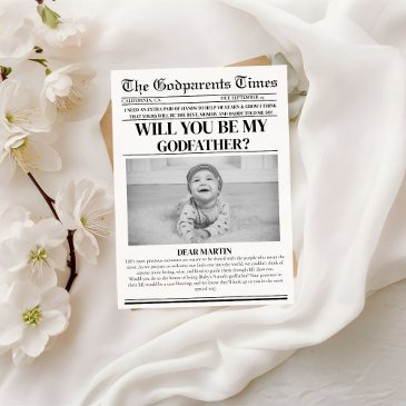 modern godparent proposal newspaper baptism invitation