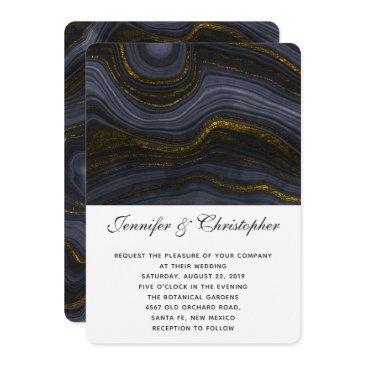 modern gold black blue-gray agate abstract wedding invitation