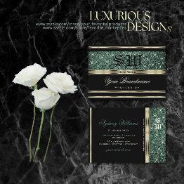 Small Modern Gold Black Forest Green Glitter Monogram Business Invitations Front View