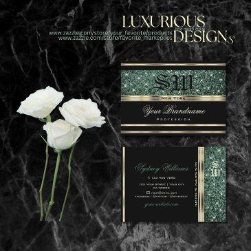 modern gold black forest green glitter monogram business invitations