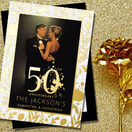 Small Modern Gold Floral Formal 50th Wedding Anniversary Foil Invitation Front View