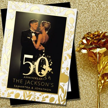 modern gold floral formal 50th wedding anniversary foil invitation