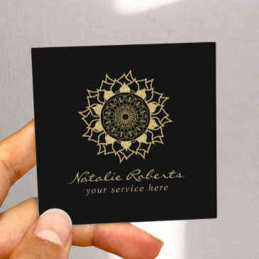 modern gold mandala flower logo elegant black square business invitations