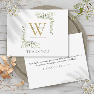 modern gold monogram greenery business thank you invitations