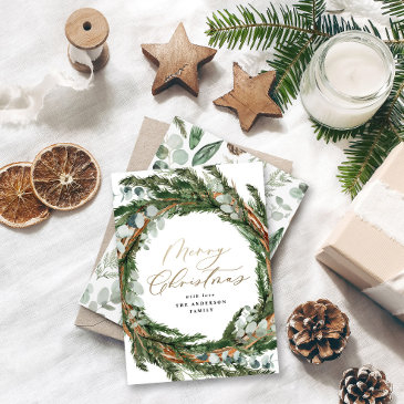 modern gold script eucalyptus botanical christmas holiday invitations