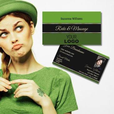modern green borders on black with logo and photo business invitations
