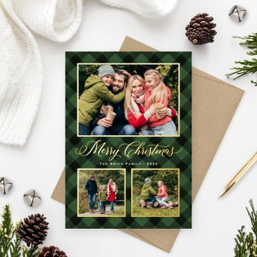 modern green buffalo plaid christmas photo collage foil holiday invitations