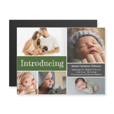 modern green custom photos introducing baby boy magnetic invitation