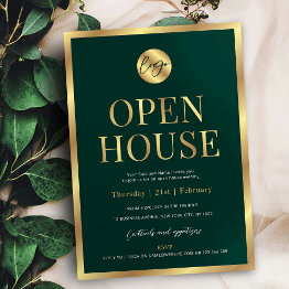Small Modern Green & Gold Company Logo Office Open House Invitation Front View
