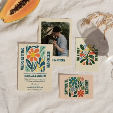 modern groovy floral colorful retro bold wedding invitation