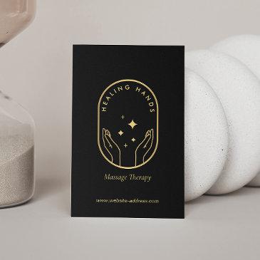 modern healing hands massage, wellness gold logo business invitations