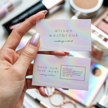 modern holographic makeup artist pastel rainbow business invitations