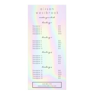 modern holographic pastel glam salon service menu