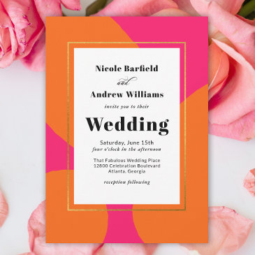 modern hot pink and orange abstract wedding invitation