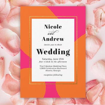 modern hot pink and orange abstract wedding invitation