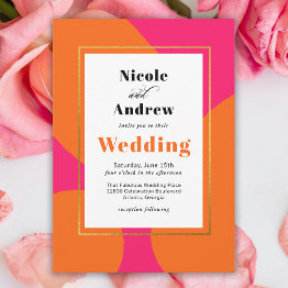 Small Modern Hot Pink And Orange Abstract Wedding Invitation Front View