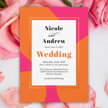 modern hot pink and orange abstract wedding invitation