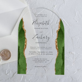 Small Modern Hunter Green Gold Agate Wedding Arch Acrylic Invitations Front View