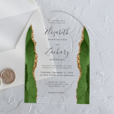 modern hunter green gold agate wedding arch acrylic invitations