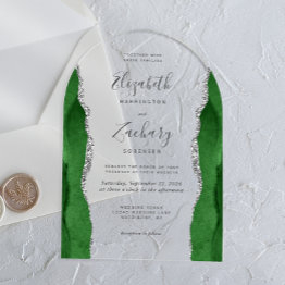 Small Modern Hunter Green Silver Agate Wedding Arch Acrylic Invitations Front View