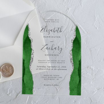 modern hunter green silver agate wedding arch acrylic invitations