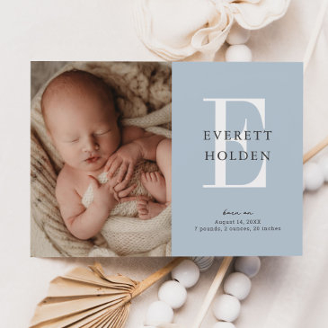modern initial blue baby three photo birth announcement