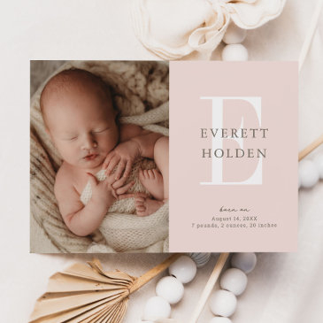 modern initial blush pink baby three photo birth announcement