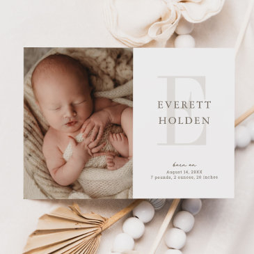 modern initial neutral baby three photo birth anno announcement