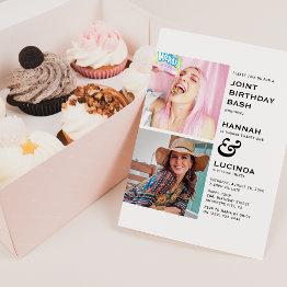 Small Modern Joint Birthday Party 2 Photo Invitation Front View