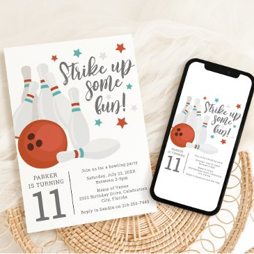 modern kids bowling party birthday party invitation