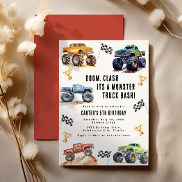 Small Modern Kids Monster Trucks Birthday Party Invitation Front View