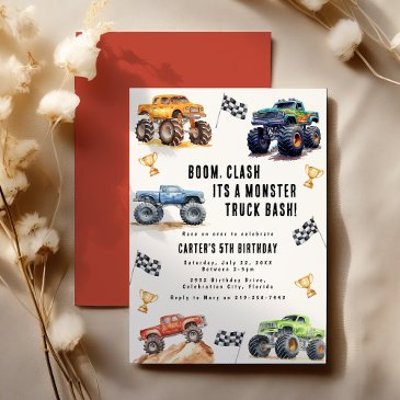modern kids monster trucks birthday party invitation