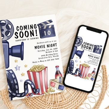 modern kids movie night birthday party invitation